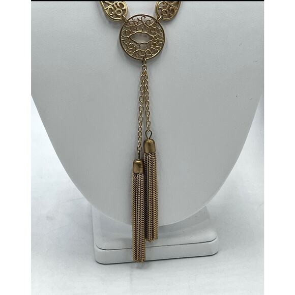 Matte Brushed Gold Double Strand Medallion Filigree Light Tassel Y Necklace - Picture 4 of 6